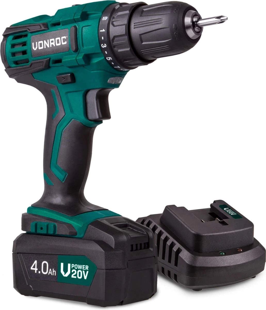 VONROC Accuboormachine – VPower 20V – Complete Set Met 1x 4.0Ah Accu, Sneloplader, Bits & Opbergtas 3 VONROC Accuboormachine – VPower 20V – Complete Set Met 1x 4.0Ah Accu, Sneloplader, Bits & Opbergtas