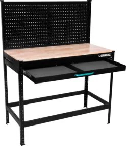 VONROC Duurzaam Rubberhout Werkbank / Werktafel - Met Stalen Gatenwand En Lade – Belastbaar Tot 130kg – Incl. 15-delige Hakenset -WerkPro Verkoopwinkel 1040x1200 6