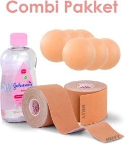 Melvy® - Boob Tape Hot Girl Summer - 10 Meter (5,0 Cm Breed) + Gratis 300 ML Baby Olie & 6 Tepelcovers - Beige – Plak BH – Strapless BH – Borst Tape – Nipple Covers