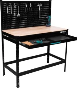 VONROC Duurzaam Rubberhout Werkbank / Werktafel - Met Stalen Gatenwand En Lade – Belastbaar Tot 130kg – Incl. 15-delige Hakenset -WerkPro Verkoopwinkel 1046x1200 10