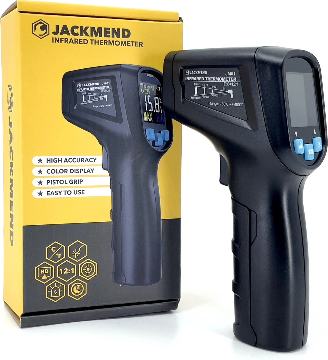 JACKMEND Infrarood Thermometer - Digitale Warmtemeter - Bereik Van -50 Tot 400 °C - Warmte Thermo Meter - Laser Pyrometer 3 JACKMEND Infrarood Thermometer - Digitale Warmtemeter - Bereik Van -50 Tot 400 °C - Warmte Thermo Meter - Laser Pyrometer