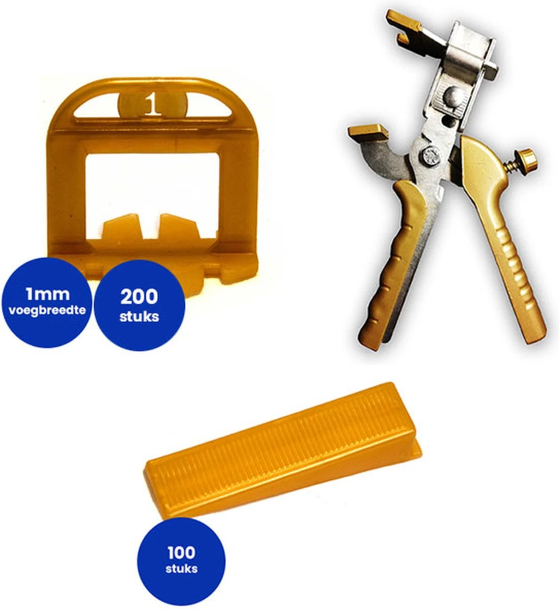 Pro-gold Levelling System - Starterskit 1 Mm: Pro-gold Tang, 200 Tegelclips 1 Mm En 100 Wiggen 3 Pro-gold Levelling System - Starterskit 1 Mm: Pro-gold Tang, 200 Tegelclips 1 Mm En 100 Wiggen