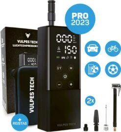 Vulpes Tech® 6-in-1 Compressor Bandenpomp - Elektrische Fietspomp Met Touchscreen - Voor Auto, Scooter, Fiets, Bal En Luchtbed - Inclusief 7 Opzetstukken, Zaklamp & Reistas