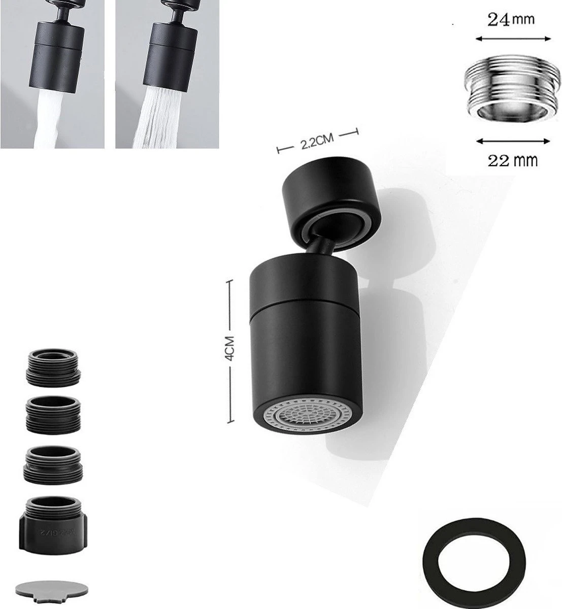 Merkloos Waterbesparende Kraankop - Zwart - Mat Zwart - Met Verschillende Opzetstukken – Roterende Kraankop – 2 Standen - 360 Graden - Kraan Opzetstuk 8 Merkloos Waterbesparende Kraankop - Zwart - Mat Zwart - Met Verschillende Opzetstukken – Roterende Kraankop – 2 Standen - 360 Graden - Kraan Opzetstuk - Afbeelding 6