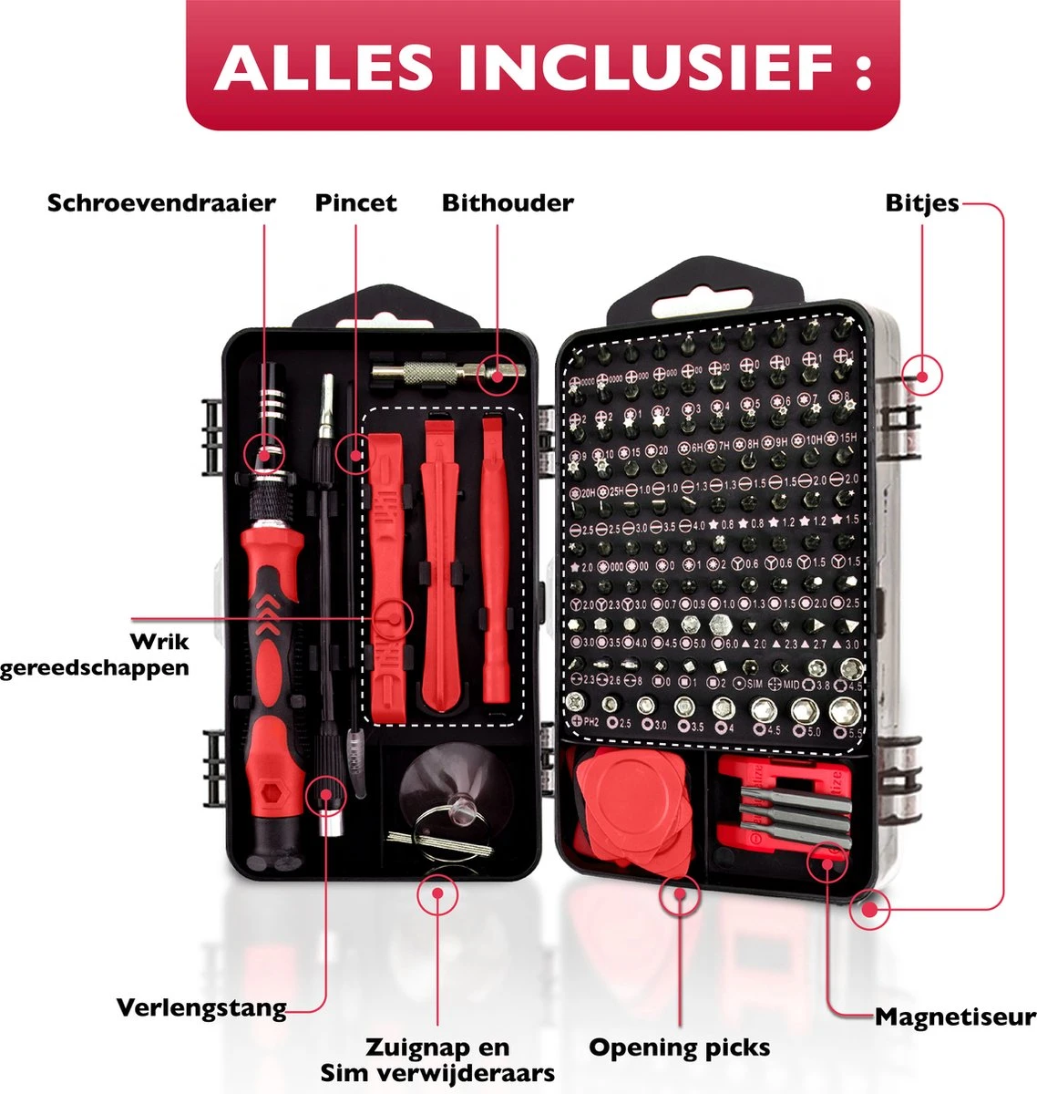Dieux® - 125 Delige Precisie Schroevendraaierset - Rood - Magnetisch - Schroevendraaier - Gereedschapset - Bidset - Gereedschap - Reparatie - Werkbank - Opbergbox - Pasen 4 Dieux® - 125 Delige Precisie Schroevendraaierset - Rood - Magnetisch - Schroevendraaier - Gereedschapset - Bidset - Gereedschap - Reparatie - Werkbank - Opbergbox - Pasen - Afbeelding 2