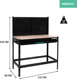 VONROC Duurzaam Rubberhout Werkbank / Werktafel - Met Stalen Gatenwand En Lade – Belastbaar Tot 130kg – Incl. 15-delige Hakenset -WerkPro Verkoopwinkel 1165x1200 14