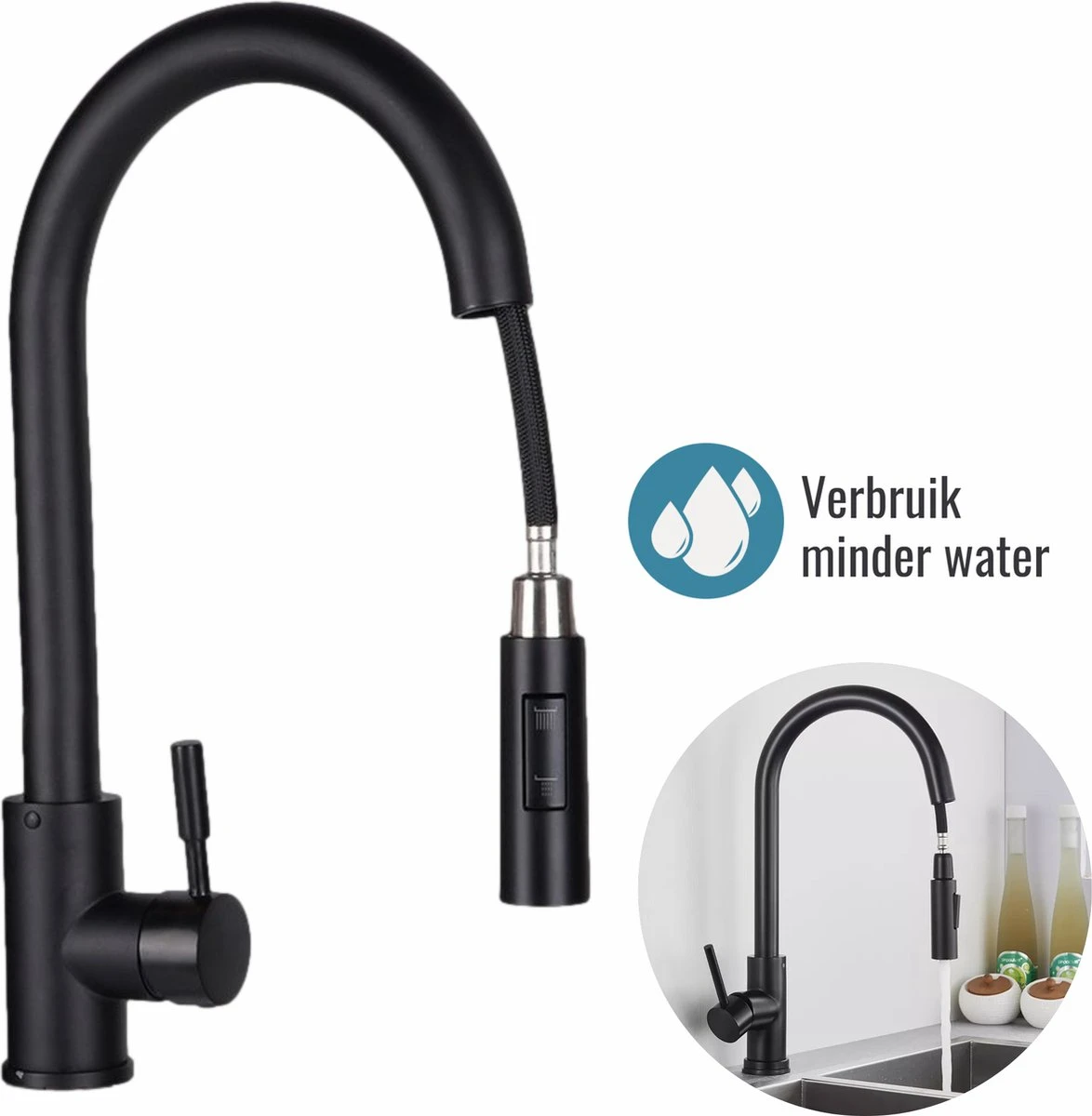 Mmoods Keukenkraan Zwart Uittrekbaar - Kraan Keuken 2 Standen - Keukenkraanslang Met Uittrekbare Uitloop 3 Mmoods Keukenkraan Zwart Uittrekbaar - Kraan Keuken 2 Standen - Keukenkraanslang Met Uittrekbare Uitloop