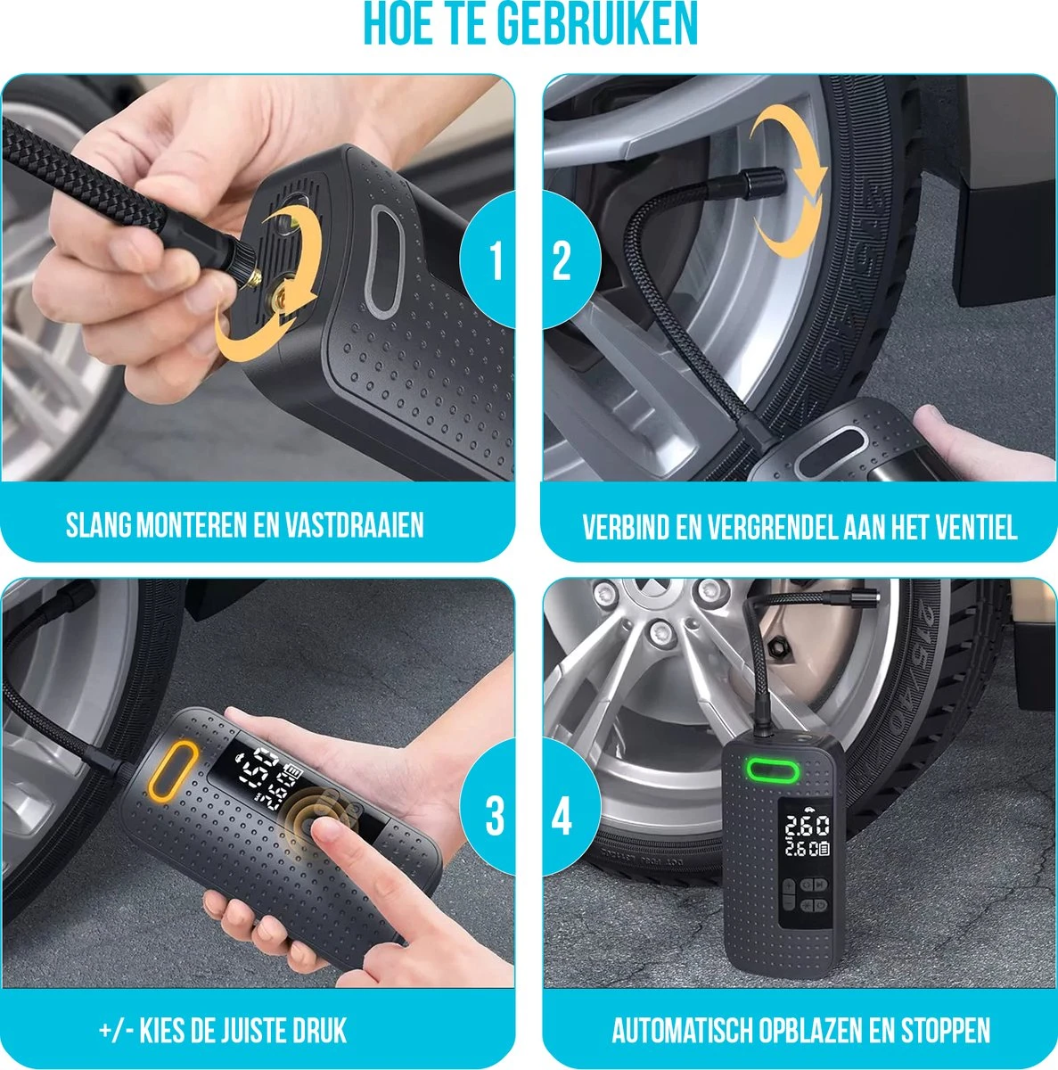 Westhome Luchtcompressor Bandenpomp - Elektrische Fietspomp- 5-in-1 - Zwart 12 Westhome Luchtcompressor Bandenpomp - Elektrische Fietspomp- 5-in-1 - Zwart - Afbeelding 10