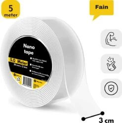 Fain Nano Tape – 5 Meter Lang – Dubbelzijdig Tape Extra Sterk– Muur Tape - Nano Tape Dubbelzijdig – Transparant – Dubbelzijdig Plakband – Dubbelzijdig Montage Tape - Herbruikbaar