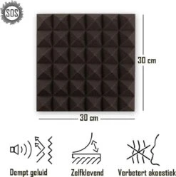 Zelfklevende Geluidsisolatie Pyramide | Akoestische Panelen | Isolatieplaten | Geluidsisolatie | Zelfklevende Wandpanelen | Studioschuim | Geluidsdemper | 30 X 30 X 5 Cm | 0,53m2 | 6 Stuks - Zwart -WerkPro Verkoopwinkel 1190x1200 34