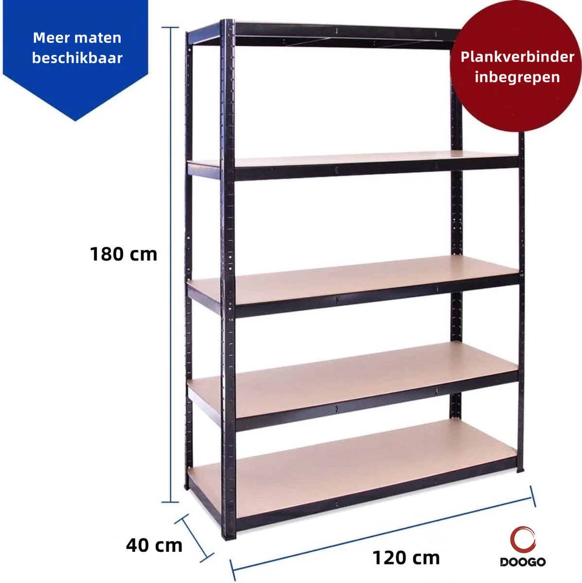 Doogo® Opbergrek XL - Stellingkast - 120 Cm Breed - 5 Jaar Garantie - 180x120x40 Cm - 1000 Kg+ Draagkracht - 200 Kg Per Plank - Monteren Zonder Schroeven - Zwart 6 Doogo® Opbergrek XL - Stellingkast - 120 Cm Breed - 5 Jaar Garantie - 180x120x40 Cm - 1000 Kg+ Draagkracht - 200 Kg Per Plank - Monteren Zonder Schroeven - Zwart - Afbeelding 4