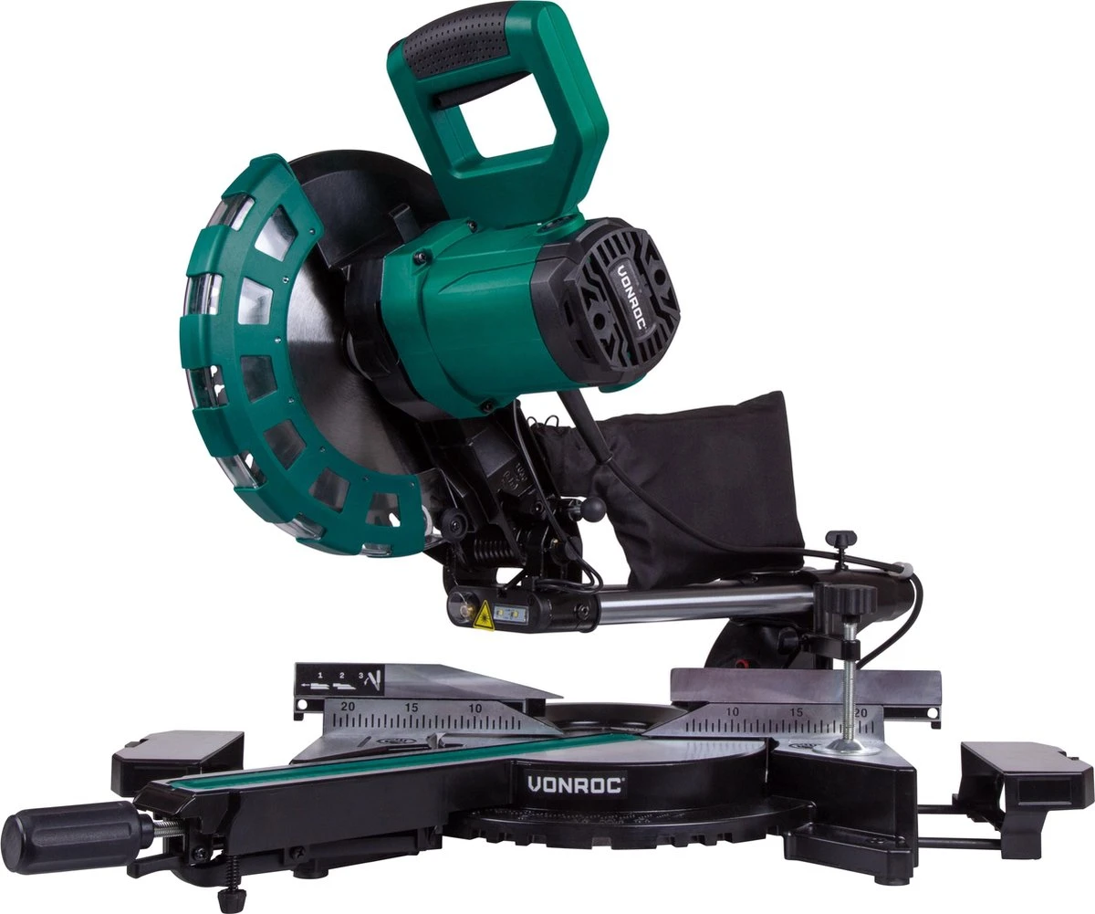 VONROC Afkortzaag- Kapzaag - Verstekzaag – 2200W – Ø254MM – 4500 R/min - Verstelbare Tafelverbreders – Zaagcapaciteit 340mm - Trekfunctie – Lengtestop – Kantelbaar (0-45°) - Incl. 60 Tands Zaagblad, Werkstukklem, Lasergeleiding & LED Werkverlichting 10 VONROC Afkortzaag- Kapzaag - Verstekzaag – 2200W – Ø254MM – 4500 R/min - Verstelbare Tafelverbreders – Zaagcapaciteit 340mm - Trekfunctie – Lengtestop – Kantelbaar (0-45°) - Incl. 60 Tands Zaagblad, Werkstukklem, Lasergeleiding & LED Werkverlichting - Afbeelding 8