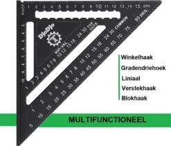 DjoDjo - Winkelhaak - Metrische Driehoek - Speed Square - Schrijfhaak - Blokhaak - Verstekhaak - 5-in-1 Meetdriehoek - Zwart -WerkPro Verkoopwinkel 1200x1026 10