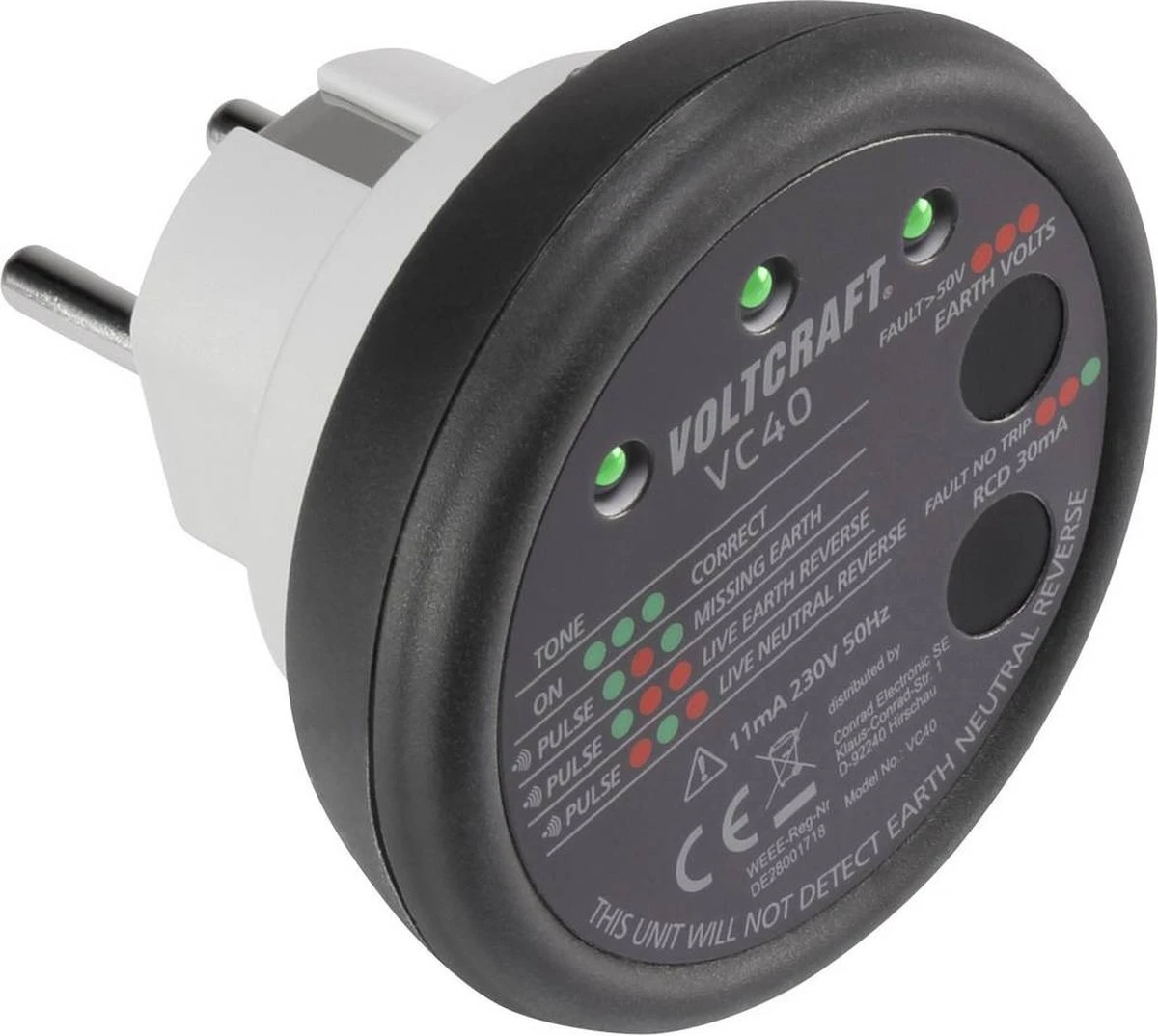 VOLTCRAFT VC40 Stopcontacttester CAT II 300 V 4 VOLTCRAFT VC40 Stopcontacttester CAT II 300 V - Afbeelding 2