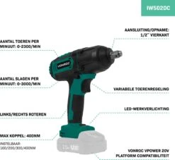 VONROC Accu Slagmoersleutel 20V – 4 Standen: 100/200/300/400Nm - Incl. 4 Moerdoppen – Geschikt Voor Het Verwisselen Van Wielbouten En -moeren - Excl. Accu En Snellader -WerkPro Verkoopwinkel 1200x1101 2
