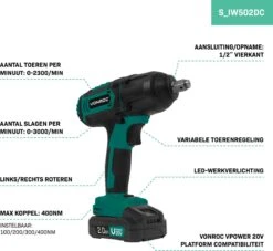 VONROC Accu Slagmoersleutel 20V – 4 Standen: 100/200/300/400Nm - Incl. 4 Moerdoppen – Geschikt Voor Het Verwisselen Van Wielbouten En -moeren - Incl. 2.0Ah Accu En Snellader -WerkPro Verkoopwinkel 1200x1101 4
