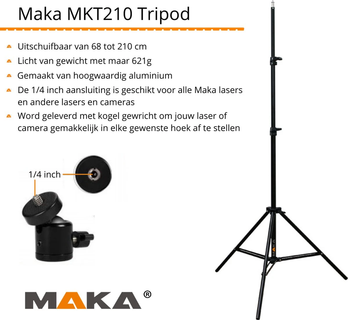 MAKA Tripod - 68 Tot 210 Cm - Voor Camera En Laser - Meetgereedschap Statief 4 MAKA Tripod - 68 Tot 210 Cm - Voor Camera En Laser - Meetgereedschap Statief - Afbeelding 2