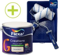 Flexa Creations Muurverf - Extra Mat - Sandy Beach - Beige Creme - 2,5 Liter + Flexa Muurverfset 5-delig
