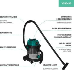VONROC Nat- En Droogzuiger - 1400W – Inschakelautomaat - Blaasfunctie – 20L RVS Tank – 3m Slang - 6m Stroomkabel -WerkPro Verkoopwinkel 1200x1131 13