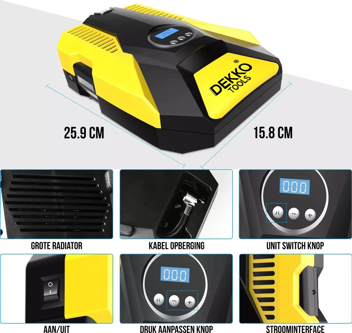 Compressor Bandenpomp 12V Elektrisch - 10,3 Bar – 35L Min Voor Auto, Fiets, Luchtbed, Zwembaden En Kamperen 4 Compressor Bandenpomp 12V Elektrisch - 10,3 Bar – 35L Min Voor Auto, Fiets, Luchtbed, Zwembaden En Kamperen - Afbeelding 2