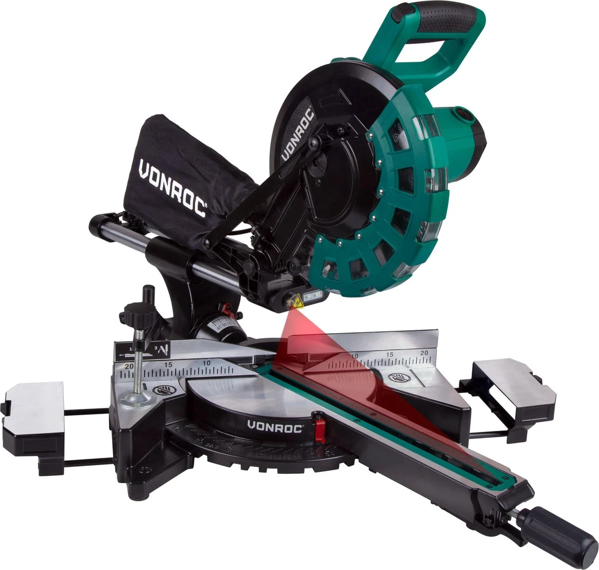 VONROC Afkortzaag- Kapzaag - Verstekzaag – 2200W – Ø254MM – 4500 R/min - Verstelbare Tafelverbreders – Zaagcapaciteit 340mm - Trekfunctie – Lengtestop – Kantelbaar (0-45°) - Incl. 60 Tands Zaagblad, Werkstukklem, Lasergeleiding & LED Werkverlichting 3 VONROC Afkortzaag- Kapzaag - Verstekzaag – 2200W – Ø254MM – 4500 R/min - Verstelbare Tafelverbreders – Zaagcapaciteit 340mm - Trekfunctie – Lengtestop – Kantelbaar (0-45°) - Incl. 60 Tands Zaagblad, Werkstukklem, Lasergeleiding & LED Werkverlichting