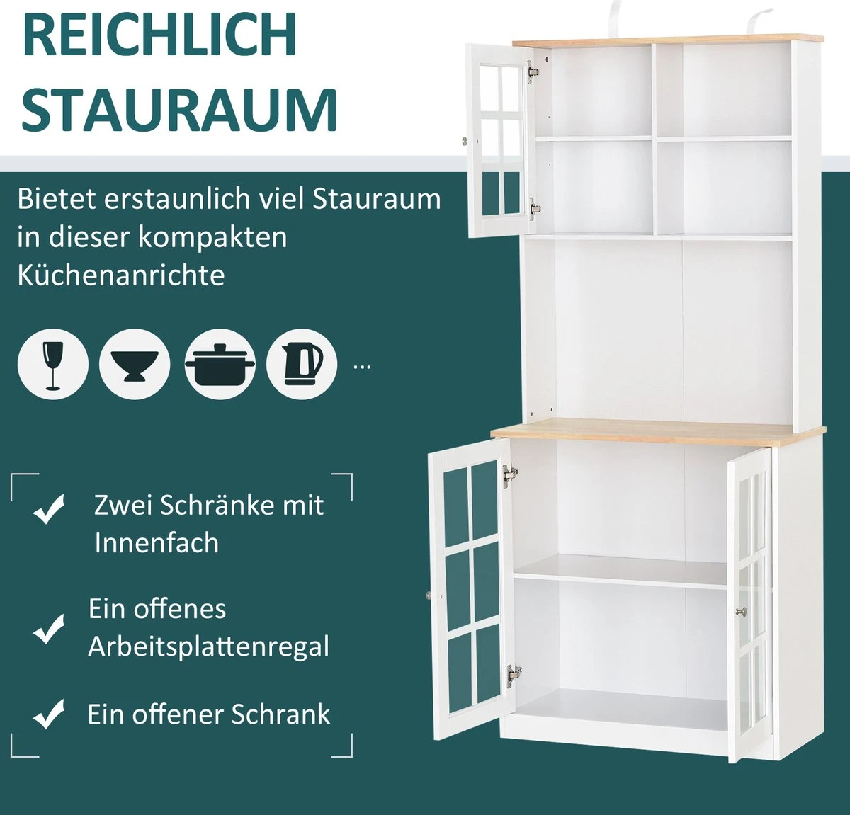 HOMCOM Keukenkast Met Werkblad, Servieskast, Vitrinekast, Glazen Deur, MDF, Wit 835-209V01 11 HOMCOM Keukenkast Met Werkblad, Servieskast, Vitrinekast, Glazen Deur, MDF, Wit 835-209V01 - Afbeelding 9