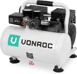 VONROC PRO Stille Compressor - Olievrij - 750W - 1PK - 128 L/min. – 6 Liter – 8 Bar – 57,5dB(A) – Silent – Low Noise - Wit