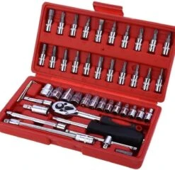 Merkloos Professionele 46-Delige Dopsleutel Set -Met Momentsleutel Ratel & Verlengstuk - Doppendoos Torx/Inbus/Hex/Kruiskop Bit Doppen Set - Hoogwaardig Chroom-vanadiumstaal -1/4" Inch -Met Koffer- Vaderdagset - Gereedschapset - Handgereedschap -Dopsleutelset