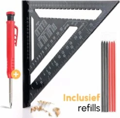 Winkelhaak - Blokhaak - Zwaaihaak - Schrijfhaak - Speed Square - Metaal - Inclusief Bouwpotlood - Gratis Vervulbaar Bouwpotlood