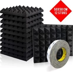 Brute Strength - Isolatieplaten - Inclusief Zelfklevende Tape - 50x50x5 Cm - Piramide - 12 Stuks - Geluidsisolatie - Geluidsdemper Wandpaneel - Akoestisch Wandpaneel