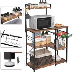 Merkloos Keukenplank, Staande Plank Met Metalen Mand, Bakkerijplank Met 6 S-haken En Planken, Magnetronplank, Kruidenrek, Voor Potten En Pannen, Industrieel Ontwerp, Vintage Bruin-zwart KKS35X -WerkPro Verkoopwinkel 1200x1190 12