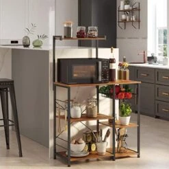 Merkloos Keukenplank, Staande Plank Met Metalen Mand, Bakkerijplank Met 6 S-haken En Planken, Magnetronplank, Kruidenrek, Voor Potten En Pannen, Industrieel Ontwerp, Vintage Bruin-zwart KKS35X -WerkPro Verkoopwinkel 1200x1193 15