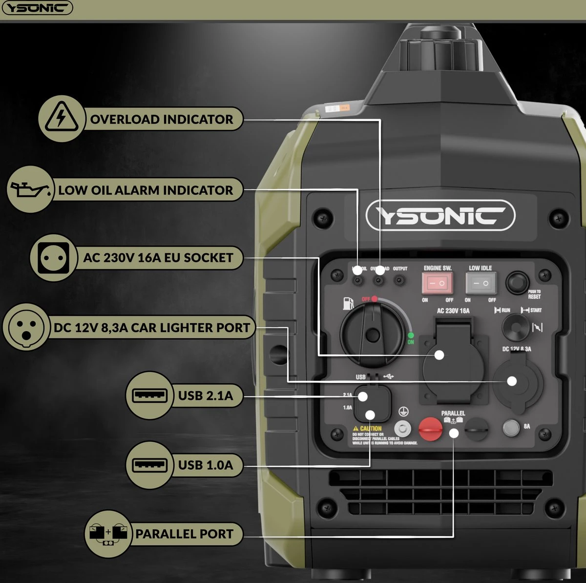 YSONIC YS2300i Inverter Generator - 2KW - 230V - USB - Autolader En Parallel Poort - Fluisterstil 58 DB -Olie En Overload Alarm 5 YSONIC YS2300i Inverter Generator - 2KW - 230V - USB - Autolader En Parallel Poort - Fluisterstil 58 DB -Olie En Overload Alarm - Afbeelding 3