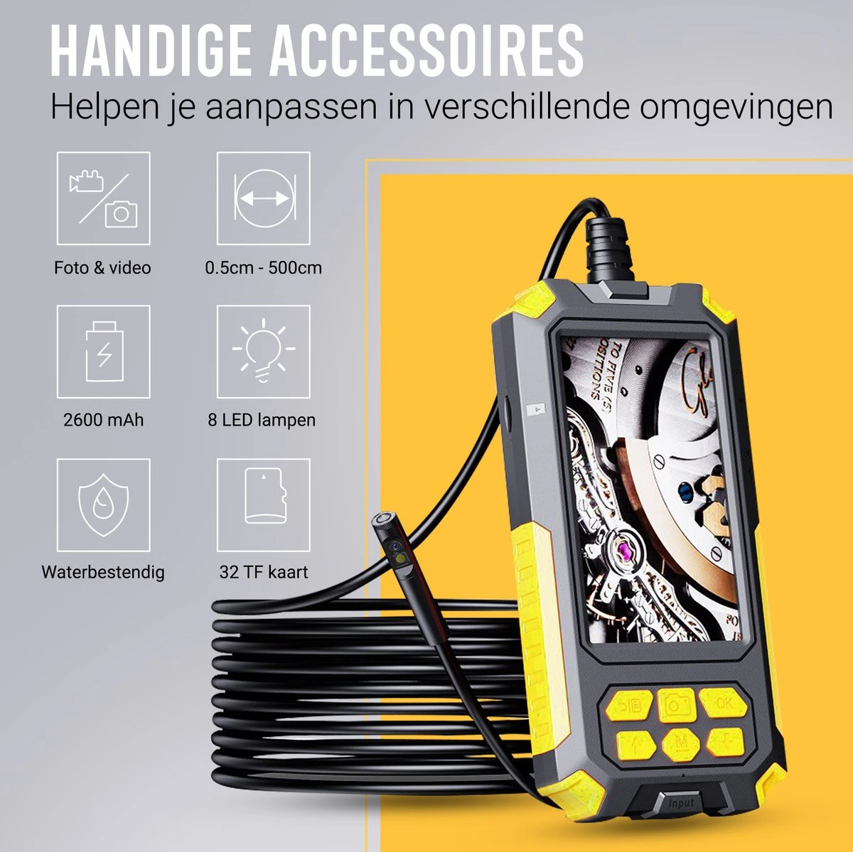Endoscoop Camera Dual Lens Inspectiecamera 5M - 4.5” Scherm – Endoscoop Inspectie Camera - Full HD – Luxe Opbergtas - IP68 Waterdicht – Incl. Micro SD Kaart 32GB 10 Endoscoop Camera Dual Lens Inspectiecamera 5M - 4.5” Scherm – Endoscoop Inspectie Camera - Full HD – Luxe Opbergtas - IP68 Waterdicht – Incl. Micro SD Kaart 32GB - Afbeelding 8