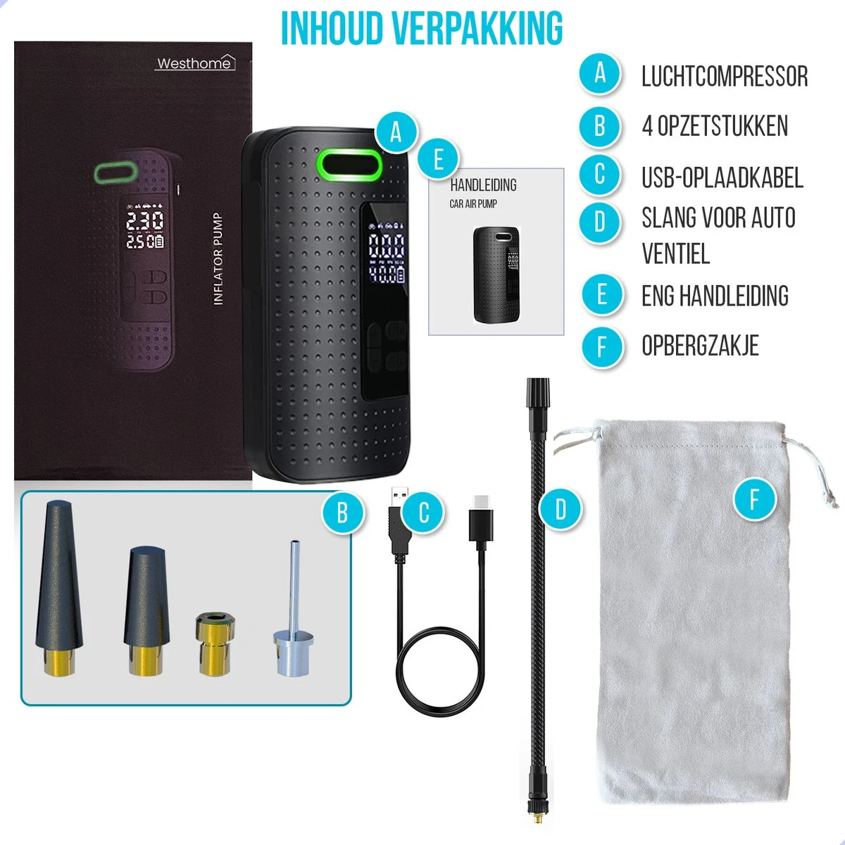 Westhome Luchtcompressor Bandenpomp - Elektrische Fietspomp- 5-in-1 - Zwart 14 Westhome Luchtcompressor Bandenpomp - Elektrische Fietspomp- 5-in-1 - Zwart - Afbeelding 12