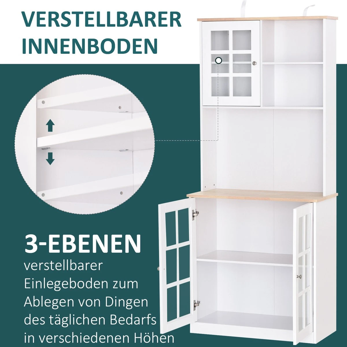 HOMCOM Keukenkast Met Werkblad, Servieskast, Vitrinekast, Glazen Deur, MDF, Wit 835-209V01 12 HOMCOM Keukenkast Met Werkblad, Servieskast, Vitrinekast, Glazen Deur, MDF, Wit 835-209V01 - Afbeelding 10