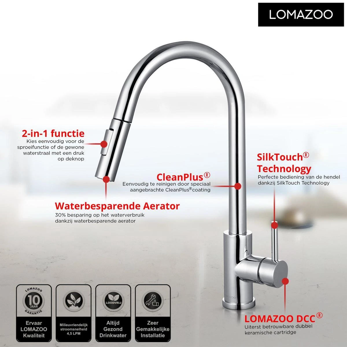 LOMAZOO Keukenkraan Met Uittrekbare Uitloop Chroom - Calypso 4 LOMAZOO Keukenkraan Met Uittrekbare Uitloop Chroom - Calypso - Afbeelding 2