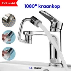 1080° Roterende Kraankop - Roestvrij Staal - 2 Straal Standen - Kraan Verlengstuk - Kraan Opzetstuk - Sproeikop - Waterbesparend