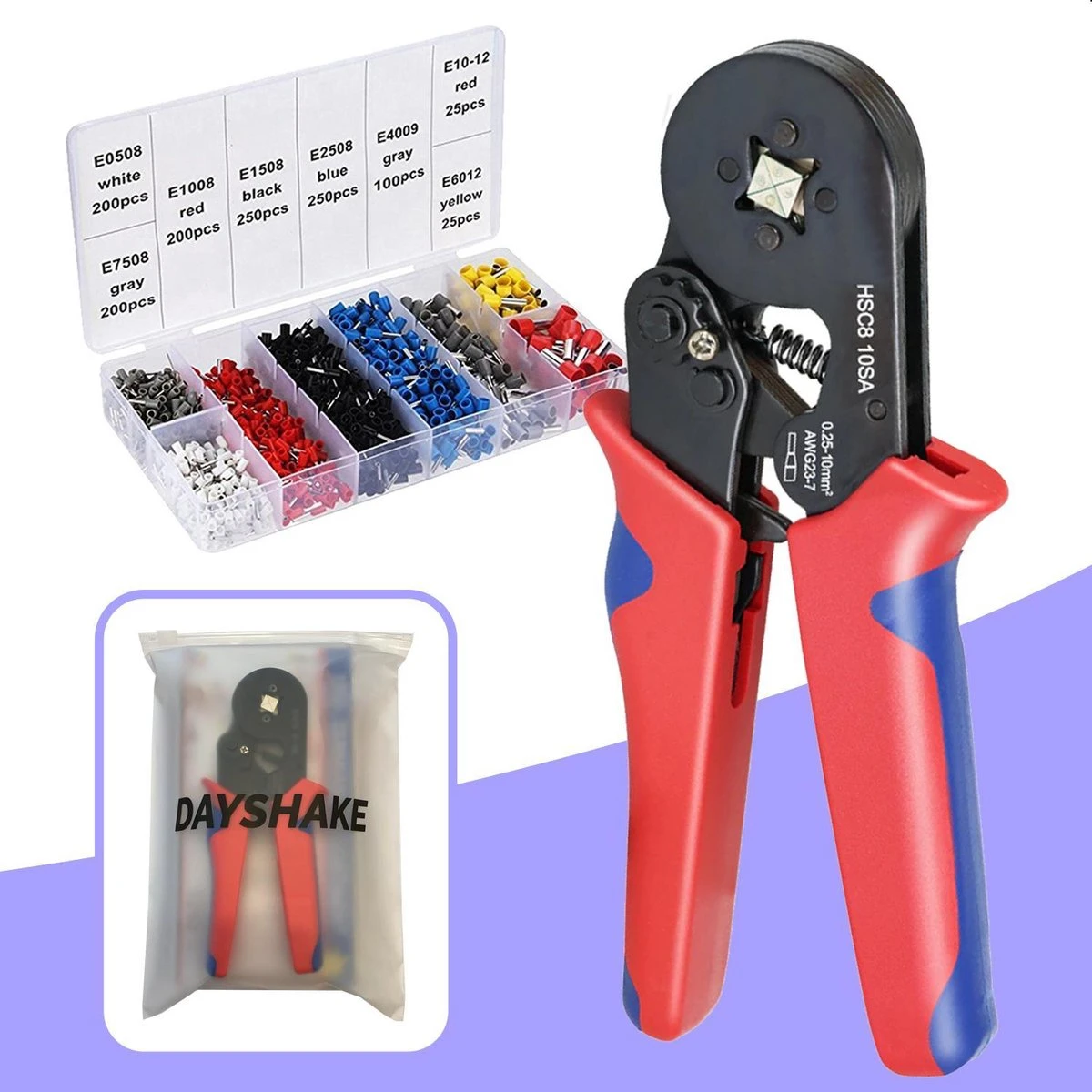 Dayshake Adereindhulstang - Inclusief 1250 Adereindhulzen - 0.25mm² - 10mm² - Vierkante Persing - Krimptang - Kabelschoentang 7 Dayshake Adereindhulstang - Inclusief 1250 Adereindhulzen - 0.25mm² - 10mm² - Vierkante Persing - Krimptang - Kabelschoentang - Afbeelding 5