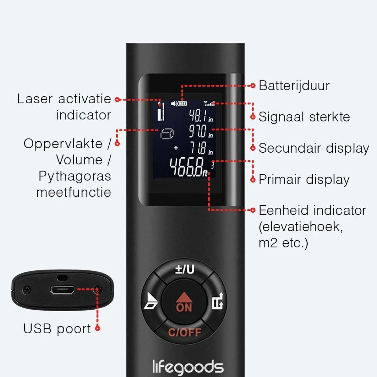 LifeGoods Laser Afstandsmeter - 40M - USB Oplaadbaar Incl. Kabel - Zwart 6 LifeGoods Laser Afstandsmeter - 40M - USB Oplaadbaar Incl. Kabel - Zwart - Afbeelding 4