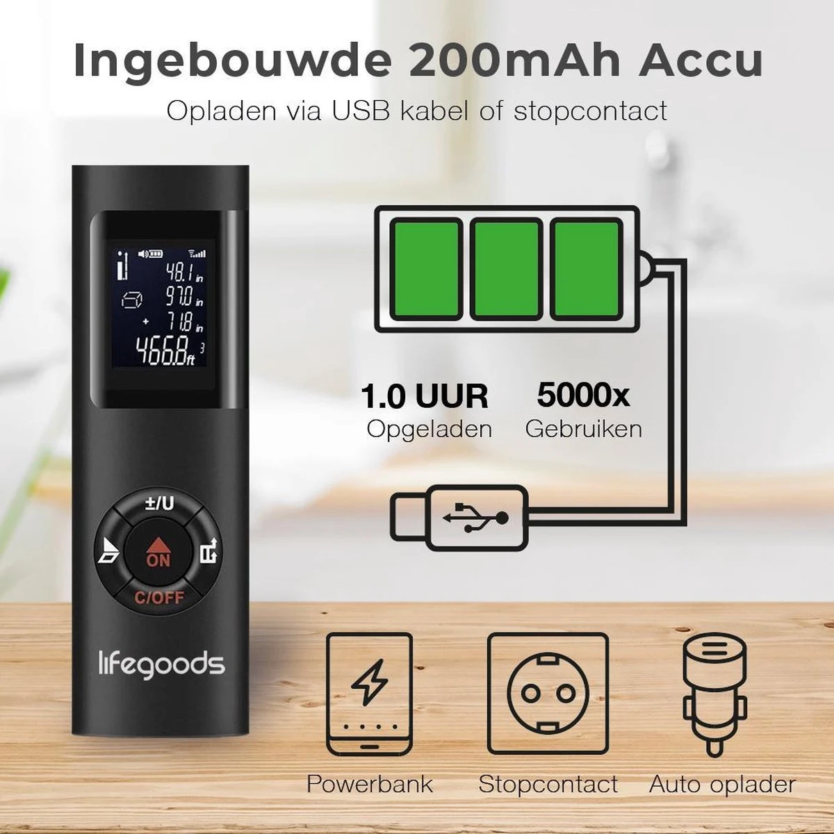 LifeGoods Laser Afstandsmeter - 40M - USB Oplaadbaar Incl. Kabel - Zwart 7 LifeGoods Laser Afstandsmeter - 40M - USB Oplaadbaar Incl. Kabel - Zwart - Afbeelding 5