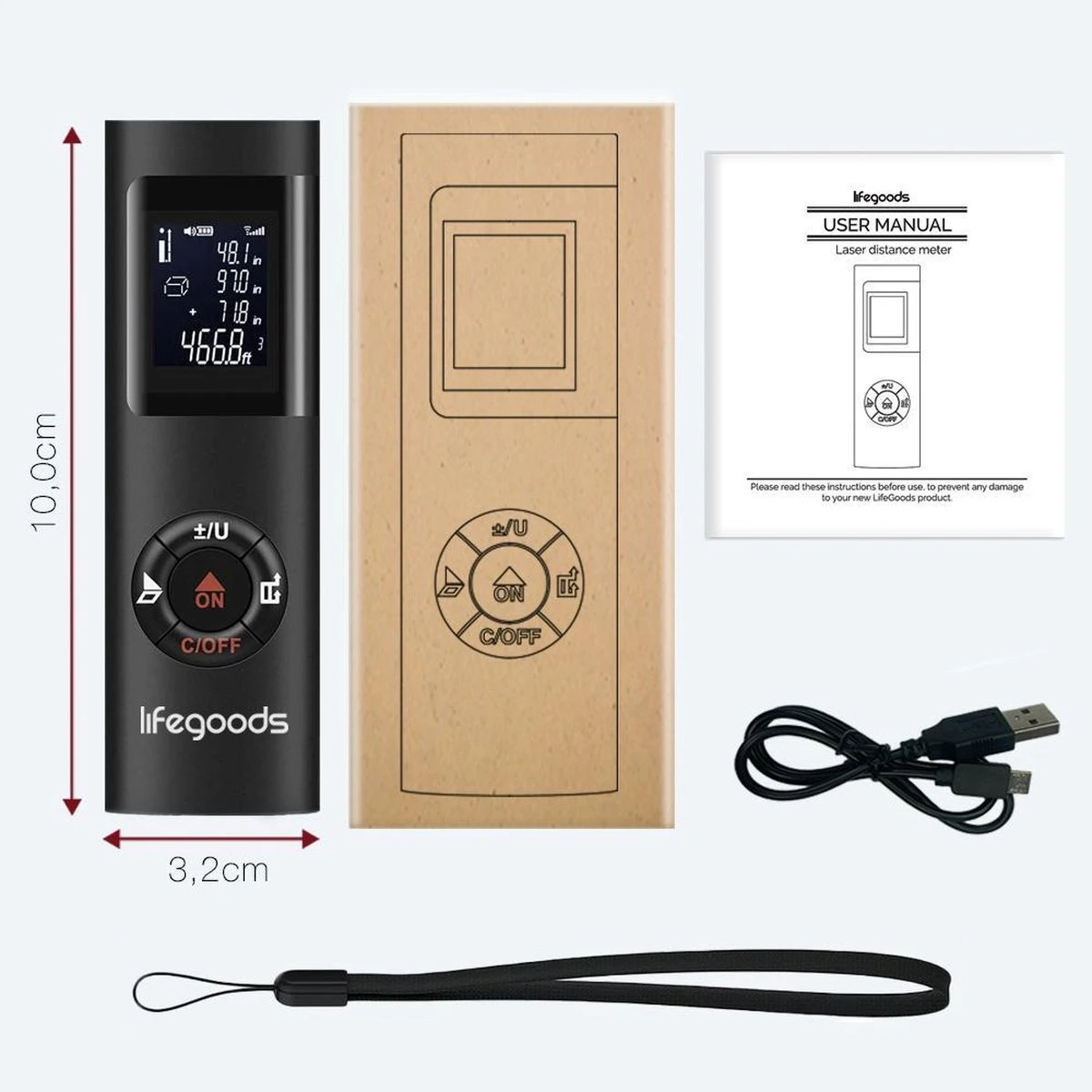 LifeGoods Laser Afstandsmeter - 40M - USB Oplaadbaar Incl. Kabel - Zwart 11 LifeGoods Laser Afstandsmeter - 40M - USB Oplaadbaar Incl. Kabel - Zwart - Afbeelding 9