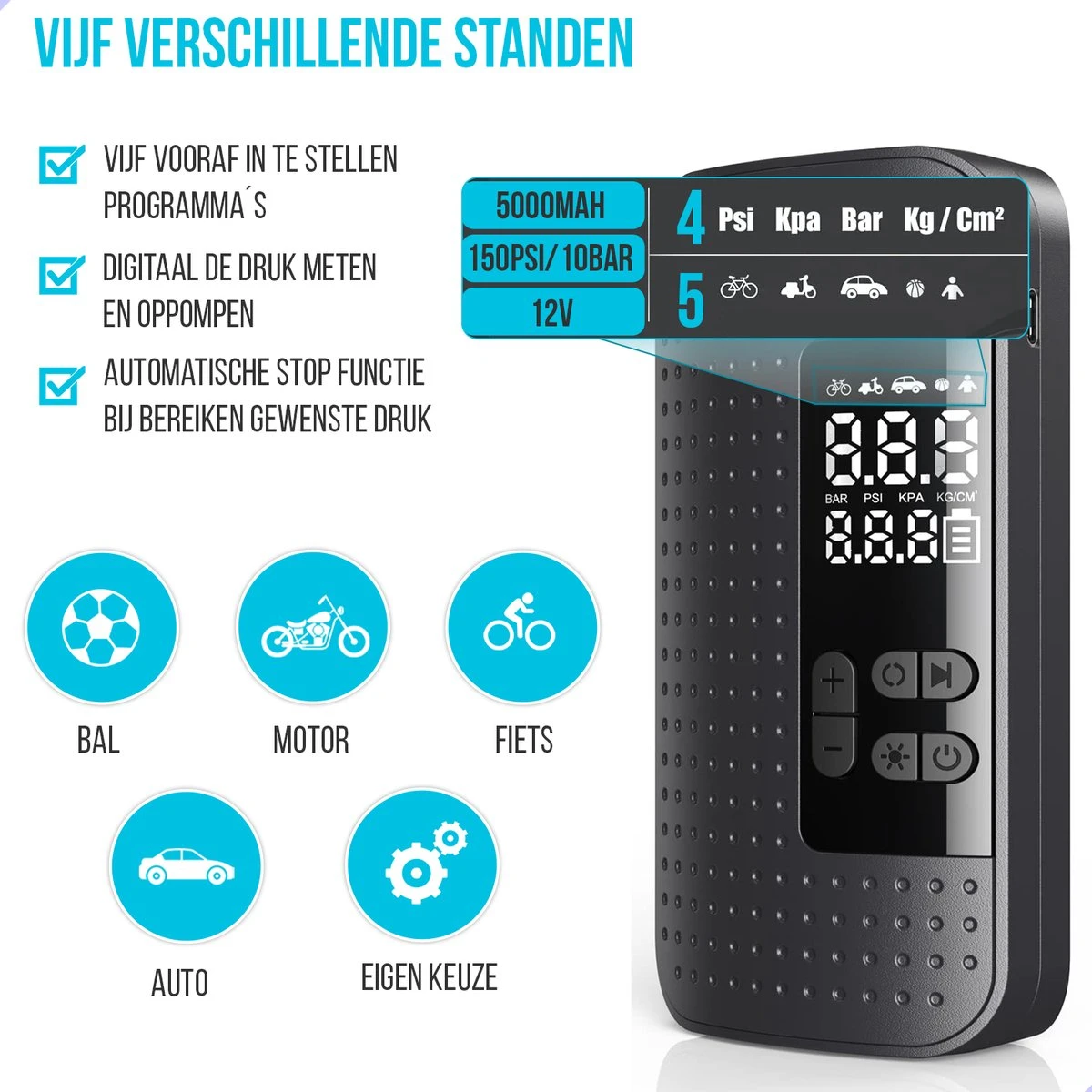 Westhome Luchtcompressor Bandenpomp - Elektrische Fietspomp- 5-in-1 - Zwart 5 Westhome Luchtcompressor Bandenpomp - Elektrische Fietspomp- 5-in-1 - Zwart - Afbeelding 3