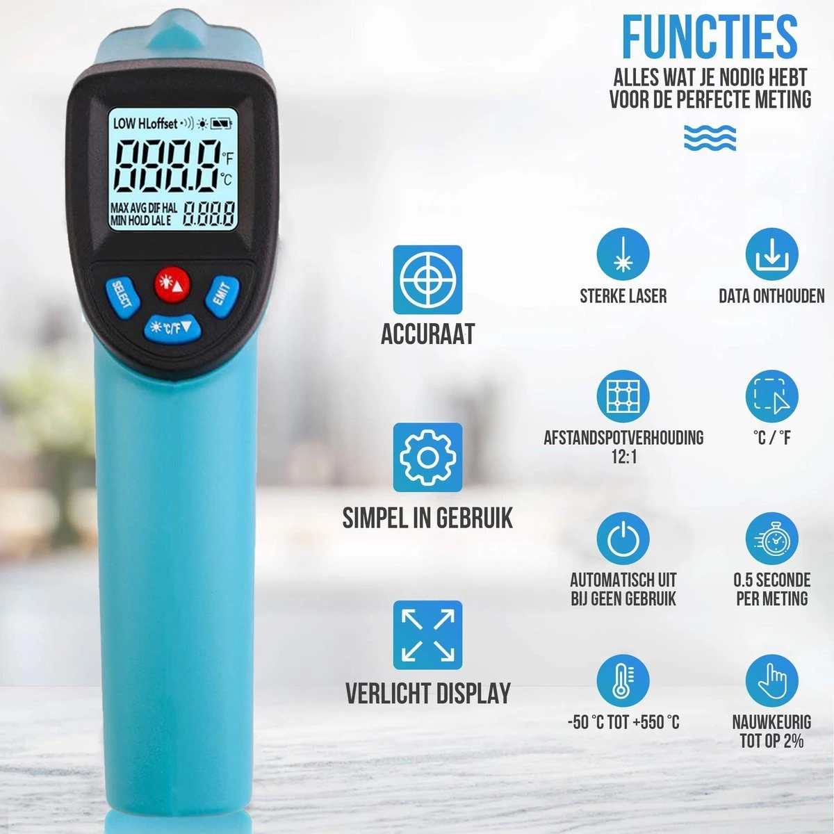 Strex Digitale Infrarood Thermometer - Bereik -50 T/m +550 °C - IR Thermometer - Warmtemeter 4 Strex Digitale Infrarood Thermometer - Bereik -50 T/m +550 °C - IR Thermometer - Warmtemeter - Afbeelding 2