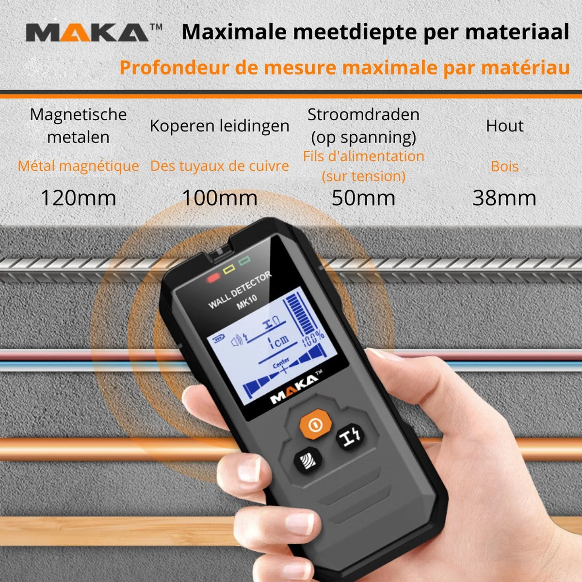 MAKA Digitale Leidingzoeker - Koper, Metaal & Hout Detectie Tot 120mm 5 MAKA Digitale Leidingzoeker - Koper, Metaal & Hout Detectie Tot 120mm - Afbeelding 3