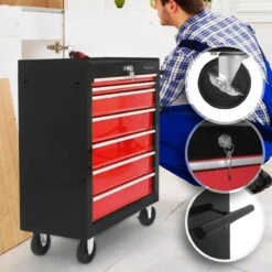 Timbertech - Afsluitbare Werkplaatswagen Op Wielen Met Parkeerrem - Exclusief Gereedschappen - 7 Laden Met Inleg - Gereedschapswagen - Montagewagen - Trolley Voor Diverse Gereedschappen - Staal - Rood/Zwart -WerkPro Verkoopwinkel 1200x1200 2261