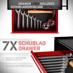 Timbertech - Afsluitbare Werkplaatswagen Op Wielen Met Parkeerrem - Exclusief Gereedschappen - 7 Laden Met Inleg - Gereedschapswagen - Montagewagen - Trolley Voor Diverse Gereedschappen - Staal - Rood/Zwart -WerkPro Verkoopwinkel 1200x1200 2262