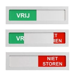 Merkloos Schuifbordje Vrij - Niet Storen Deur Bordje 100 Mm X 28 Mm. Met Maar 4 Mm Dikte Geen Blok Op Je Deur. Met Aluminium Schuifje. Schuifbordje Vrij - Bezet. Bevestiging 3M Tape Over De Gehele Achterzijde.