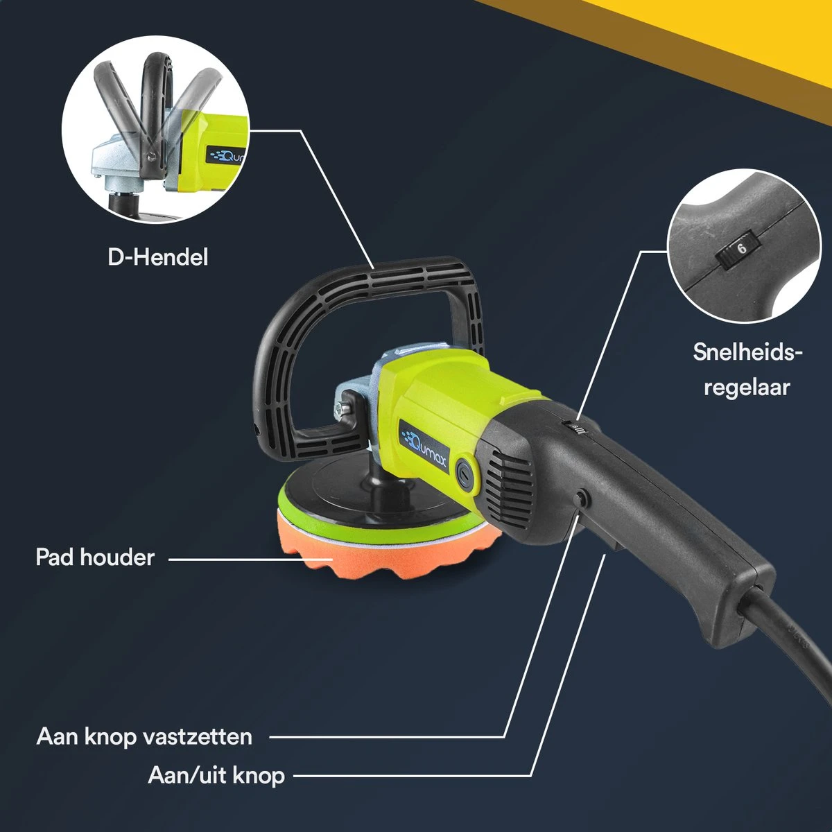 Qumax Polijstmachine – Poetsmachine Incl. 4 Polijstschijven – Krachtige Motor – 180mm – 220/240V 11 Qumax Polijstmachine – Poetsmachine Incl. 4 Polijstschijven – Krachtige Motor – 180mm – 220/240V - Afbeelding 9
