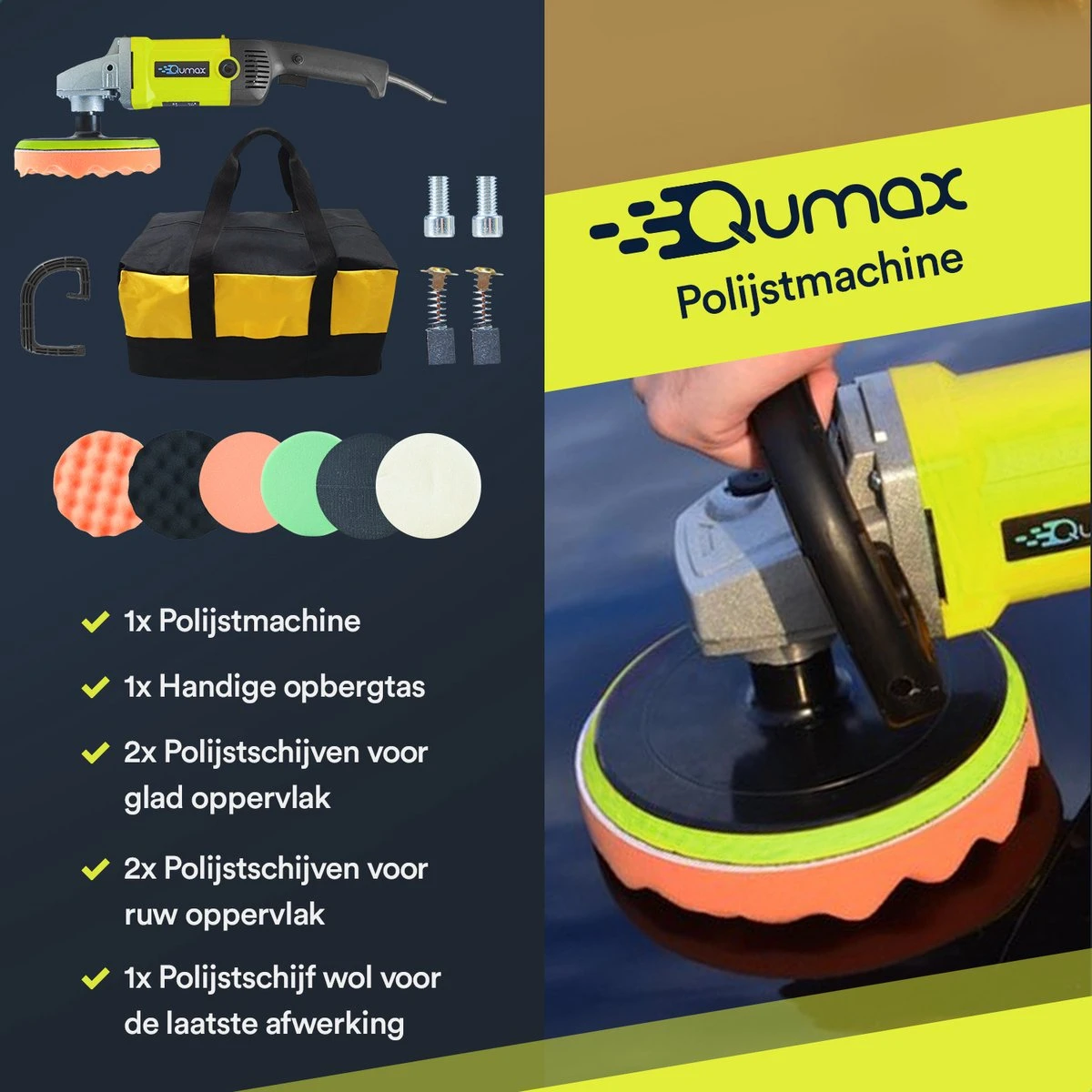 Qumax Polijstmachine – Poetsmachine Incl. 4 Polijstschijven – Krachtige Motor – 180mm – 220/240V 12 Qumax Polijstmachine – Poetsmachine Incl. 4 Polijstschijven – Krachtige Motor – 180mm – 220/240V - Afbeelding 10